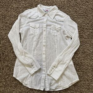 Roper Women M Western Cowgirl Shirt Pearl Snap Embroidered White Silver Metallic